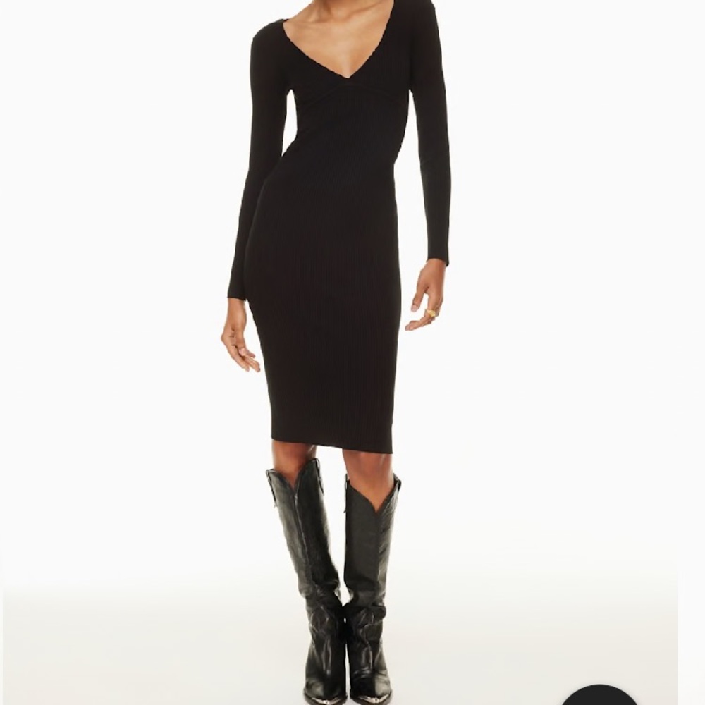 Aritzia Wilfred Black Gabrielle Ribbed Long-Sleeve V-Neck Dress bodycon ribbed M